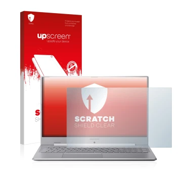 Parte frontal de un envase de producto con el logotipo de la marca upscreen. Al lado se muestra el dispositivo MEDION Akoya S1