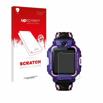 Parte frontal de un envase de producto con el logotipo de la marca upscreen. Al lado se muestra el dispositivo Imoo Watch Phon