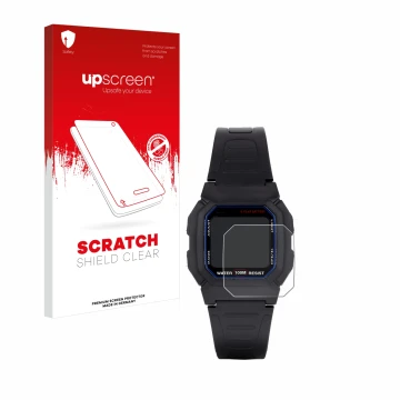 Parte frontal de un envase de producto con el logotipo de la marca upscreen. Al lado se muestra el dispositivo Casio W-800H-1A