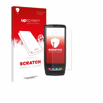 Parte frontal de un envase de producto con el logotipo de la marca upscreen. Al lado se muestra el dispositivo Casio IT-G650 c