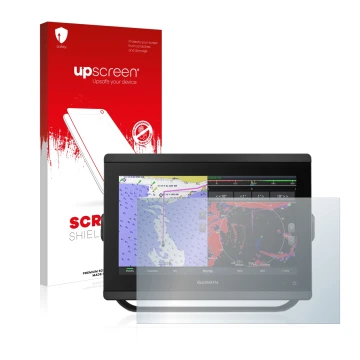 Parte frontal de un envase de producto con el logotipo de la marca upscreen. Al lado se muestra el dispositivo Garmin GPSMAP 8