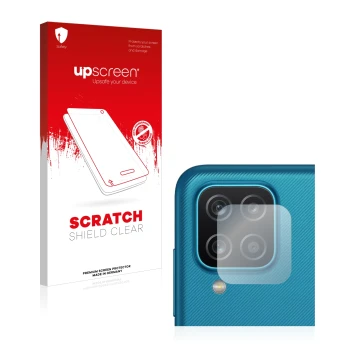 Parte frontal de un envase de producto con el logotipo de la marca upscreen. Al lado se muestra el dispositivo Samsung Galaxy 