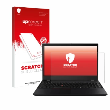 Parte frontal de un envase de producto con el logotipo de la marca upscreen. Al lado se muestra el dispositivo Lenovo ThinkPad