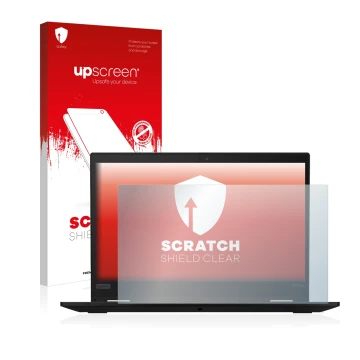 Parte frontal de un envase de producto con el logotipo de la marca upscreen. Al lado se muestra el dispositivo Lenovo ThinkPad