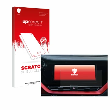 Parte frontal de un envase de producto con el logotipo de la marca upscreen. Al lado se muestra el dispositivo Kia E-Niro 2020