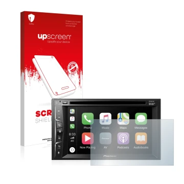 Parte frontal de un envase de producto con el logotipo de la marca upscreen. Al lado se muestra el dispositivo Pioneer AVH-Z32