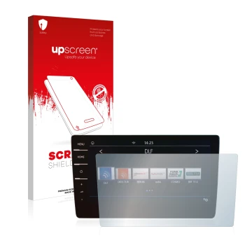 Parte frontal de un envase de producto con el logotipo de la marca upscreen. Al lado se muestra el dispositivo Volkswagen Arte