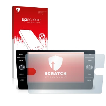 Parte frontal de un envase de producto con el logotipo de la marca upscreen. Al lado se muestra el dispositivo Volkswagen Pass