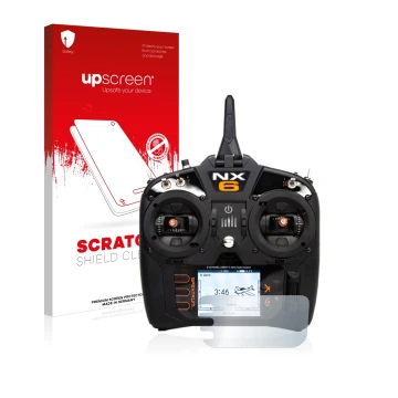 Parte frontal de un envase de producto con el logotipo de la marca upscreen. Al lado se muestra el dispositivo Spektrum NX6 co