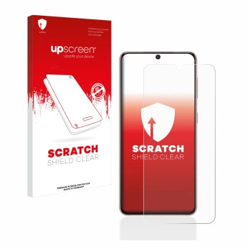 Parte frontal de un envase de producto con el logotipo de la marca upscreen. Al lado se muestra el dispositivo Samsung Galaxy 