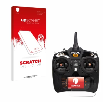 Parte frontal de un envase de producto con el logotipo de la marca upscreen. Al lado se muestra el dispositivo Spektrum NX10 c