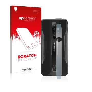 Parte frontal de un envase de producto con el logotipo de la marca upscreen. Al lado se muestra el dispositivo Blackview BV630
