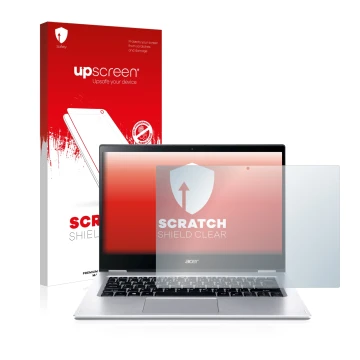 Parte frontal de un envase de producto con el logotipo de la marca upscreen. Al lado se muestra el dispositivo Acer Spin 3 SP3