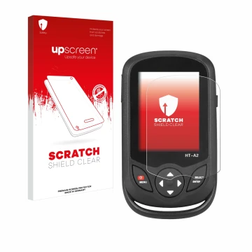 Parte frontal de un envase de producto con el logotipo de la marca upscreen. Al lado se muestra el dispositivo Hti HT A2 con s
