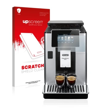 Parte frontal de un envase de producto con el logotipo de la marca upscreen. Al lado se muestra el dispositivo DeLonghi PrimaD