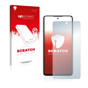 Parte frontal de un envase de producto con el logotipo de la marca upscreen. Al lado se muestra el dispositivo Samsung Galaxy 