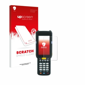 Parte frontal de un envase de producto con el logotipo de la marca upscreen. Al lado se muestra el dispositivo Zebra MC3300X c
