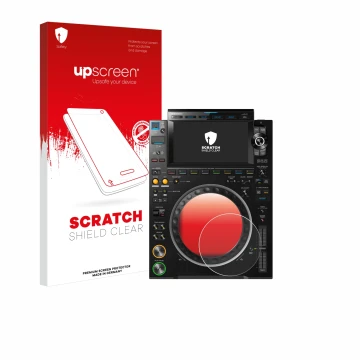 Parte frontal de un envase de producto con el logotipo de la marca upscreen. Al lado se muestra el dispositivo Pioneer CDJ 300