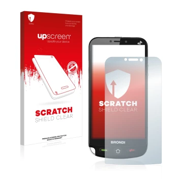 Parte frontal de un envase de producto con el logotipo de la marca upscreen. Al lado se muestra el dispositivo Brondi Amico Du