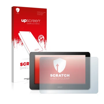 Parte frontal de un envase de producto con el logotipo de la marca upscreen. Al lado se muestra el dispositivo Wacom One Creat