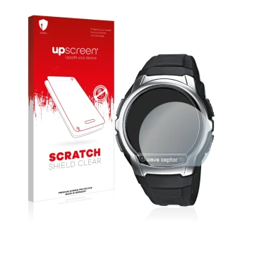 Parte frontal de un envase de producto con el logotipo de la marca upscreen. Al lado se muestra el dispositivo Casio Wave Cept