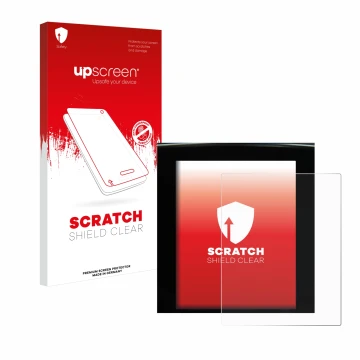 Parte frontal de un envase de producto con el logotipo de la marca upscreen. Al lado se muestra el dispositivo Renault Megane 