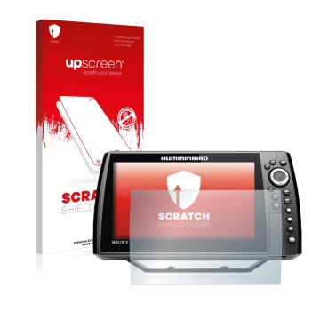 Parte frontal de un envase de producto con el logotipo de la marca upscreen. Al lado se muestra el dispositivo Humminbird Heli