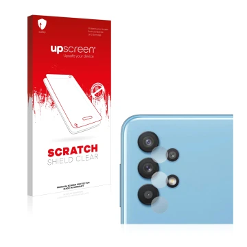 Parte frontal de un envase de producto con el logotipo de la marca upscreen. Al lado se muestra el dispositivo Samsung Galaxy 