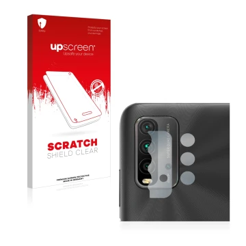 Parte frontal de un envase de producto con el logotipo de la marca upscreen. Al lado se muestra el dispositivo Xiaomi Redmi 9T