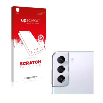 Parte frontal de un envase de producto con el logotipo de la marca upscreen. Al lado se muestra el dispositivo Samsung Galaxy 
