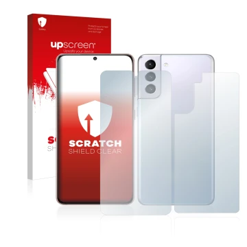 Parte frontal de un envase de producto con el logotipo de la marca upscreen. Al lado se muestra el dispositivo Samsung Galaxy 