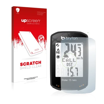 Parte frontal de un envase de producto con el logotipo de la marca upscreen. Al lado se muestra el dispositivo Bryton Rider 15