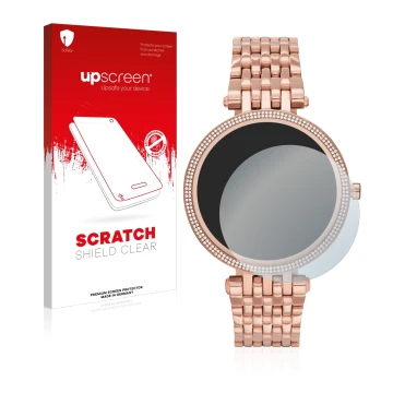 Parte frontal de un envase de producto con el logotipo de la marca upscreen. Al lado se muestra el dispositivo Michael Kors Ac