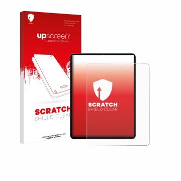 Parte frontal de un envase de producto con el logotipo de la marca upscreen. Al lado se muestra el dispositivo Apple iPad Pro 