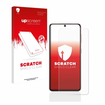 Parte frontal de un envase de producto con el logotipo de la marca upscreen. Al lado se muestra el dispositivo Samsung Galaxy 