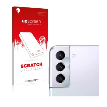 Parte frontal de un envase de producto con el logotipo de la marca upscreen. Al lado se muestra el dispositivo Samsung Galaxy 