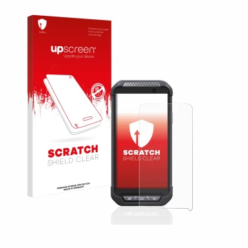 Parte frontal de un envase de producto con el logotipo de la marca upscreen. Al lado se muestra el dispositivo Point Mobile PM