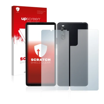 Parte frontal de un envase de producto con el logotipo de la marca upscreen. Al lado se muestra el dispositivo Sony Xperia 10 