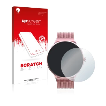 Parte frontal de un envase de producto con el logotipo de la marca upscreen. Al lado se muestra el dispositivo Bebinca Smartwa