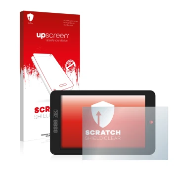 Parte frontal de un envase de producto con el logotipo de la marca upscreen. Al lado se muestra el dispositivo Osee G7 con su 