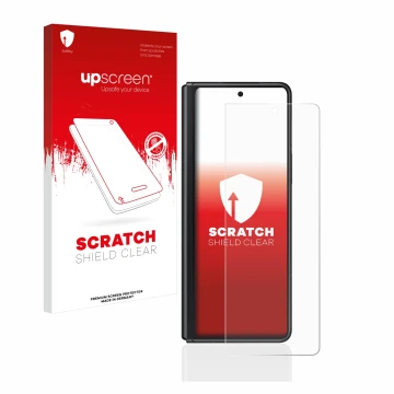 Parte frontal de un envase de producto con el logotipo de la marca upscreen. Al lado se muestra el dispositivo Samsung Galaxy 