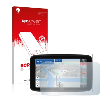 Parte frontal de un envase de producto con el logotipo de la marca upscreen. Al lado se muestra el dispositivo TomTom GO Disco