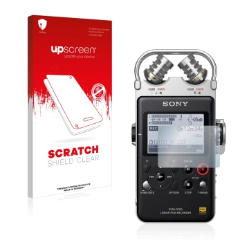Parte frontal de un envase de producto con el logotipo de la marca upscreen. Al lado se muestra el dispositivo Sony PCM D100 c