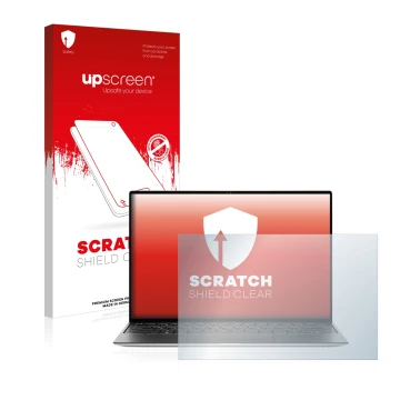 Parte frontal de un envase de producto con el logotipo de la marca upscreen. Al lado se muestra el dispositivo Dell XPS 13 931