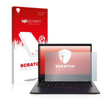 Parte frontal de un envase de producto con el logotipo de la marca upscreen. Al lado se muestra el dispositivo Lenovo ThinkPad