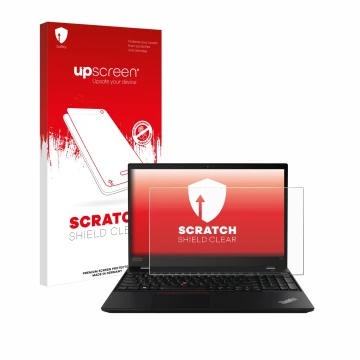 Parte frontal de un envase de producto con el logotipo de la marca upscreen. Al lado se muestra el dispositivo Lenovo ThinkPad