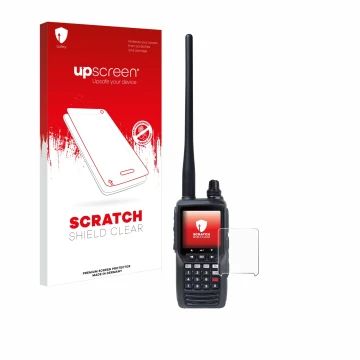 Parte frontal de un envase de producto con el logotipo de la marca upscreen. Al lado se muestra el dispositivo Yaesu FTA-550 c