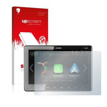 Parte frontal de un envase de producto con el logotipo de la marca upscreen. Al lado se muestra el dispositivo Zenec Z-N965 co
