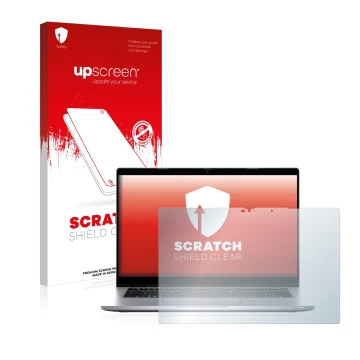 Parte frontal de un envase de producto con el logotipo de la marca upscreen. Al lado se muestra el dispositivo Dell Latitude 5