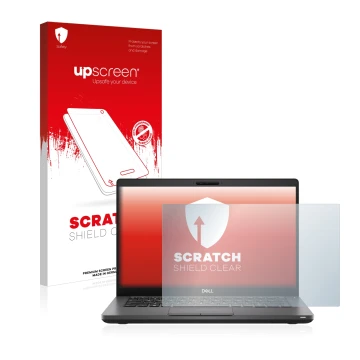 Parte frontal de un envase de producto con el logotipo de la marca upscreen. Al lado se muestra el dispositivo Dell Latitude 5